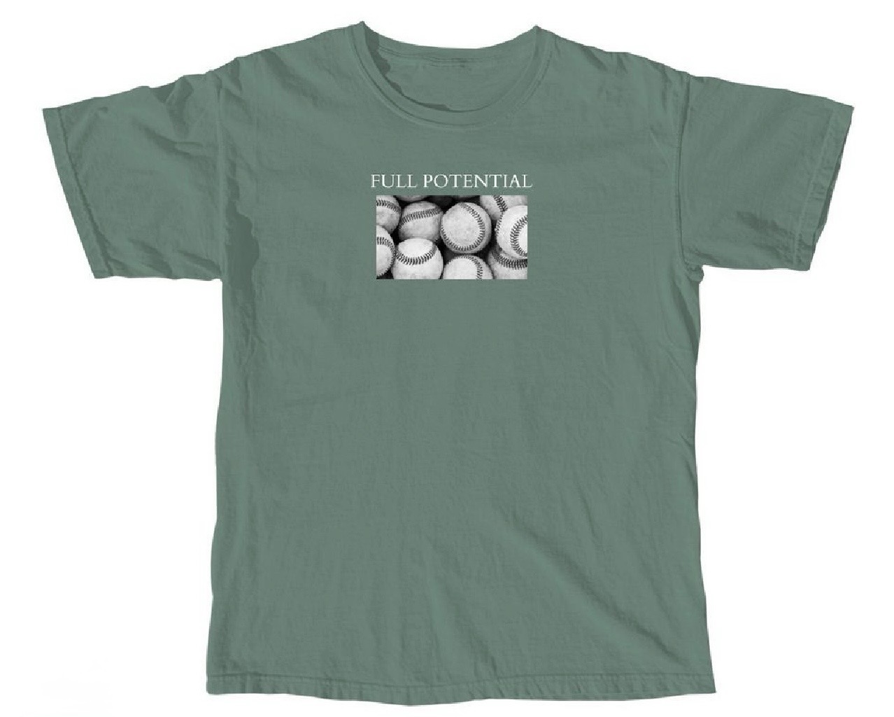Green T-shirt Text says Full Potential and an image of a pile of baseballs