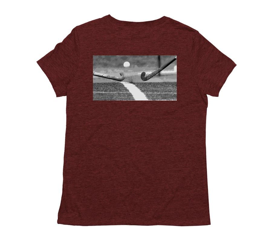 Text Full Potential on the front of T-shirt with image of field hockey ball and stick on a field on the back of the T-shirt