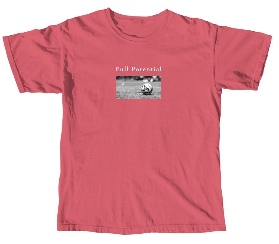 Text Full Potential with image of soccer ball on a field on the front of T-shirt