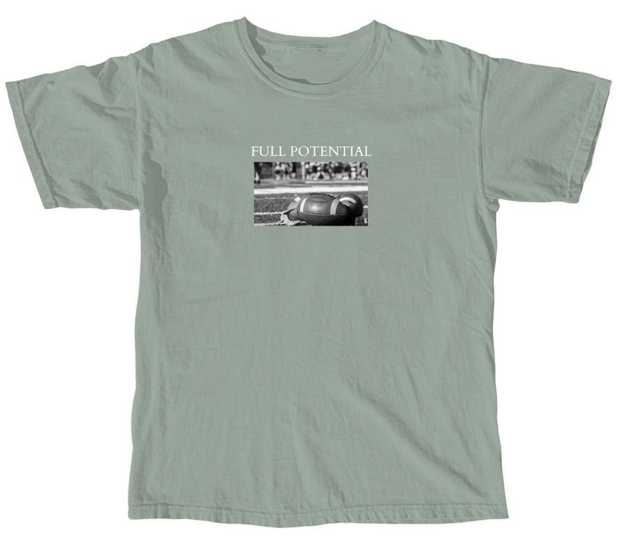 Text Full Potential with image of football on field on the front of T-shirt