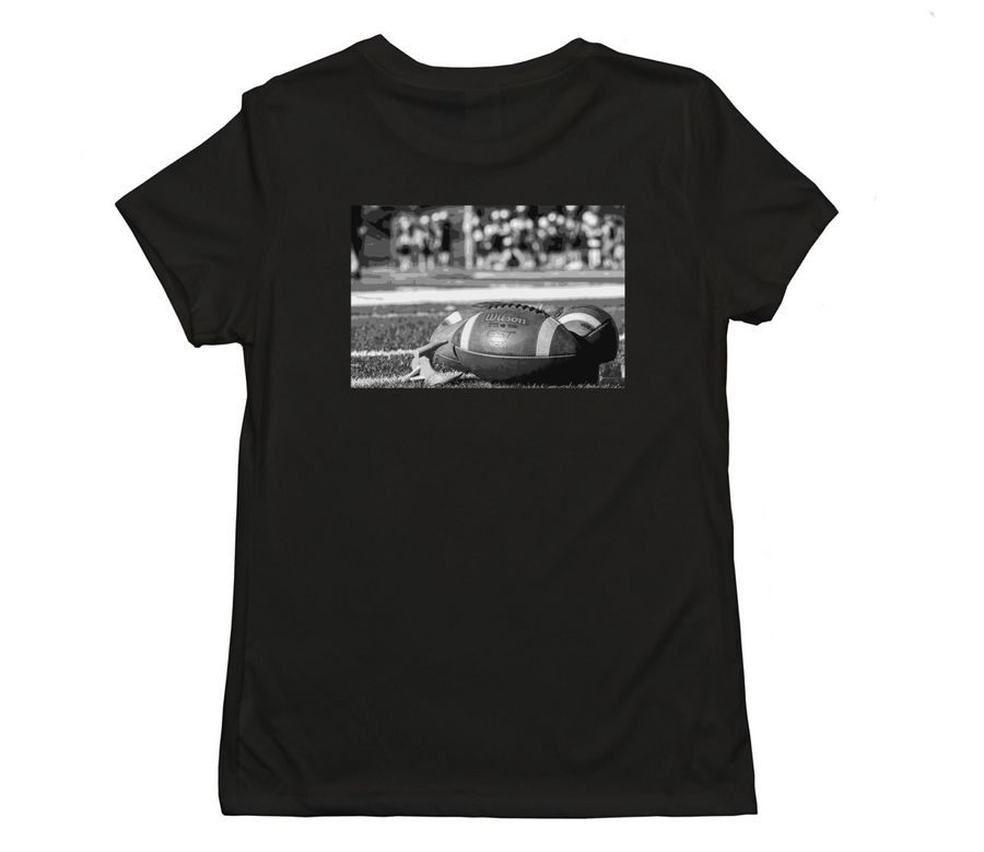 Text Full Potential on the front of T-shirt with image of football on a field on the back of the T-shirt